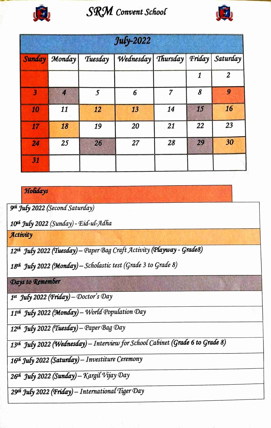 Calendar July 2022 SRM Convent School