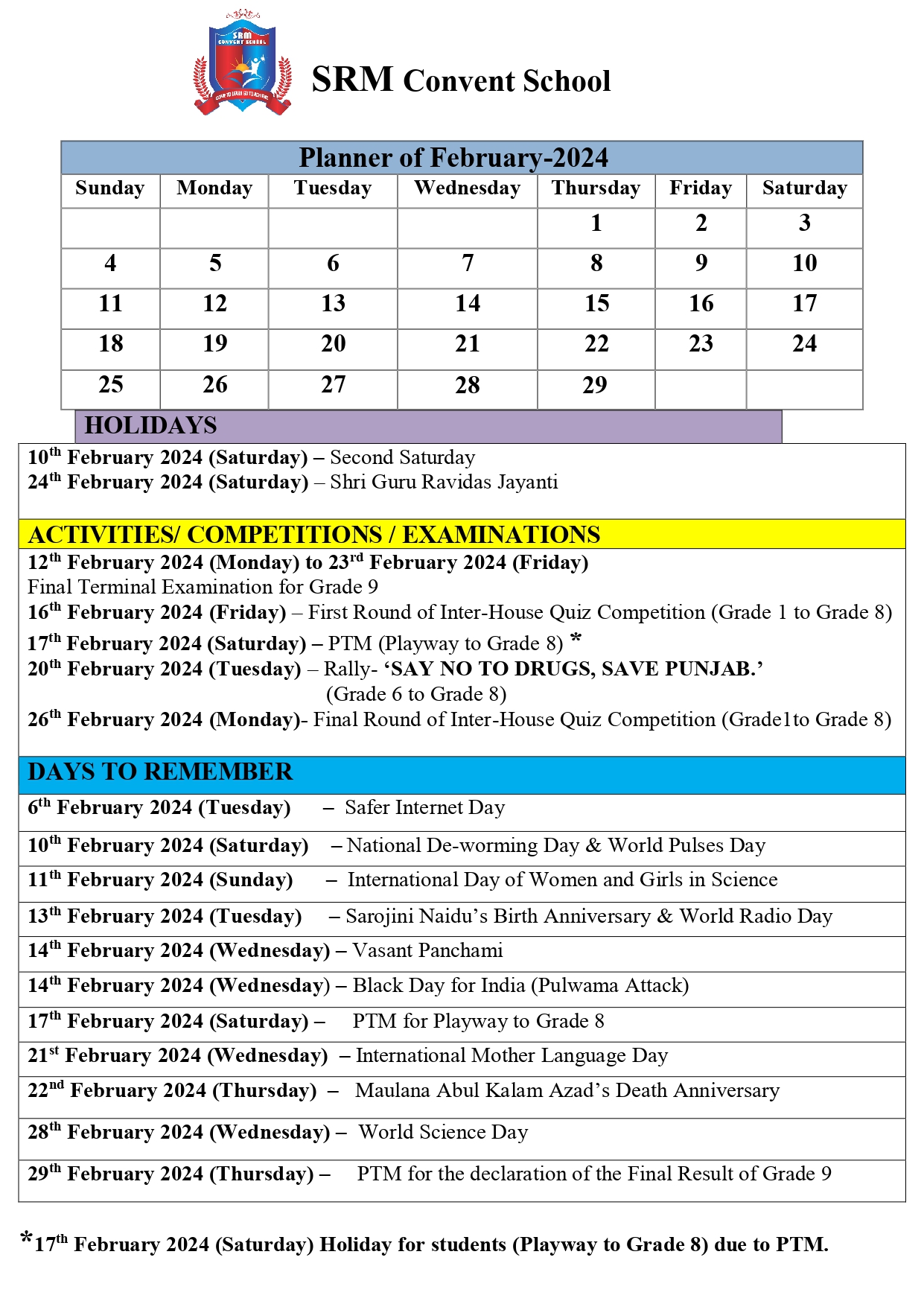 Calendar February 2025 SRM Convent School